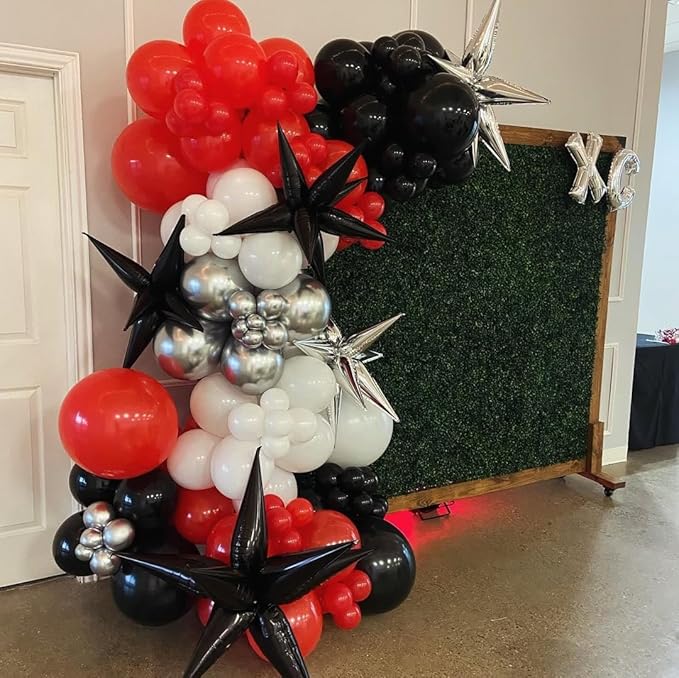 153Pcs Red and Black Silver Balloons Garland Arch Kit with Stars -22 18 12 10 5 inch Different Size Red Black Metallic Silver Balloon for Birthday Graduation Racing Car Poker Party Decorations