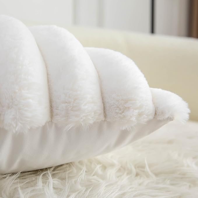 Neelvin Cream White Faux Fur Cozy Soft Striped Decorative Throw Pillow Covers 26x26 inch Set of 2,Velvet Pillowcase Cushion Case for Sofa Couch