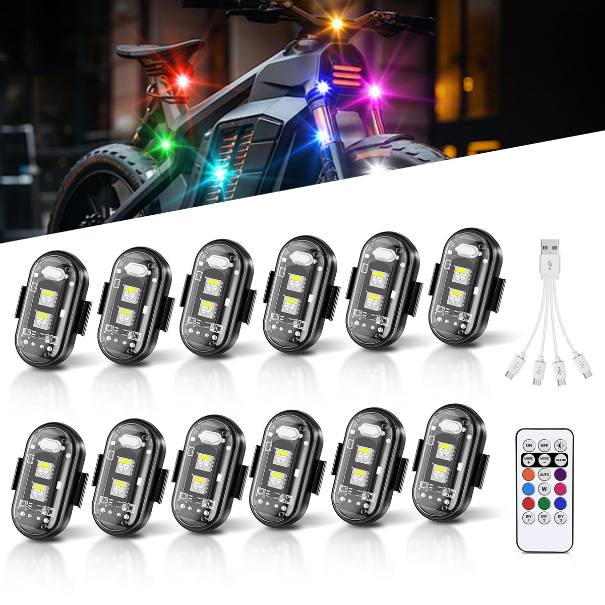 SS VISION 12Pcs Wireless LED Strobe Lights, 8 Colors 10 Flash Modes USB Charging, High Brightness Waterproof Anti-Collision Led