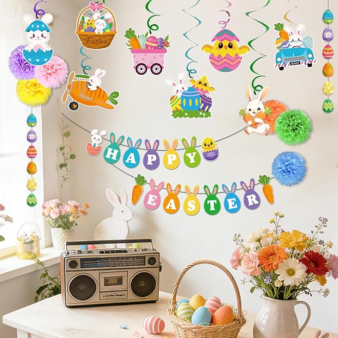 25Pcs Easter Decorations Set with Happy Easter Banner, Easter Egg Garland, Pompoms & Hanging Swirls for Home, Classroom, Easter Party Decorations Indoor