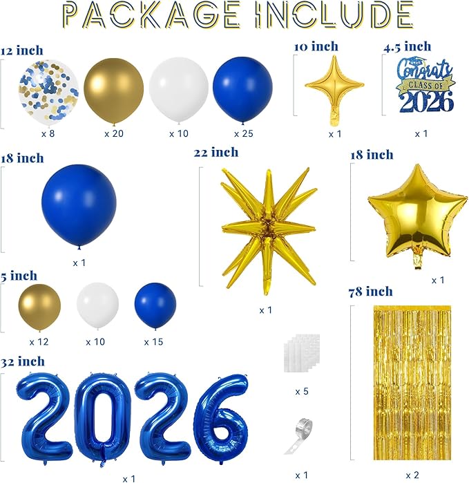 Graduation Balloon Garland Arch Kit for Graduation Decorations Class of 2026 - Blue Gold and White Balloons Different Sizes 5 12 18 Inch Graduations Balloons Arch for Grad Party Supplies