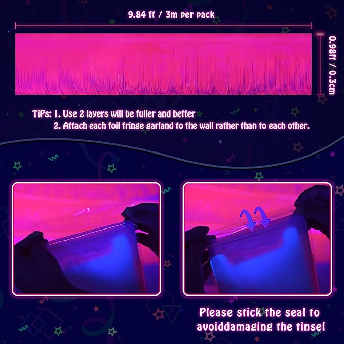 Mega-L Glow in The Dark Party Supplies, 4 Pack Foil Fringe Garland Birthday Party Decorations 9.8 ft Fluorescent Macaron Fuchsia Metallic Tinsel Streamers Banner, Glitter Photo Booth Prop Table Skirt