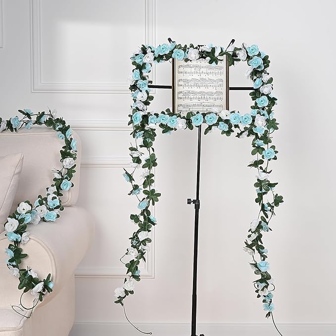 MARTINE MALL Flower Garland - 5 Strands 41Ft Rose Vines for Bedroom Decor, Blue and White Rose Floral Garland for Room Birthday Wedding Party Garden Wall Decor