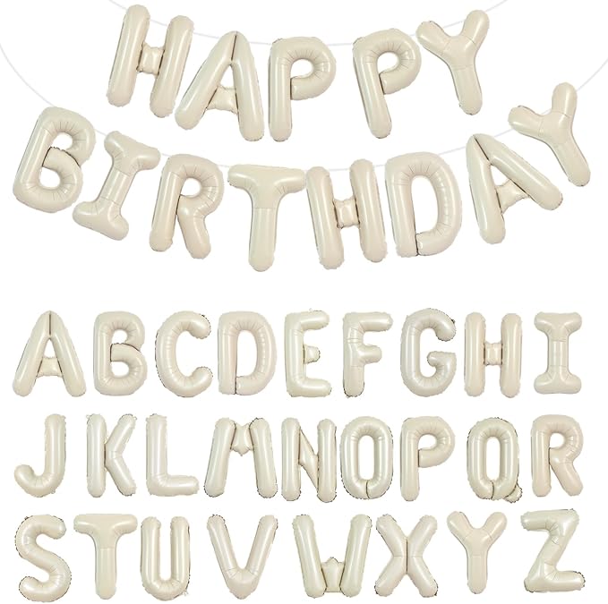 TONIFUL 65 Pcs Personalized Name Letter A-Z Balloons 16 Inch Cream White Happy Birthday Balloon and 2 Sets A-Z Foil Letter Balloons Create Your Own Name Banner for Birthday Celebration Party Decor