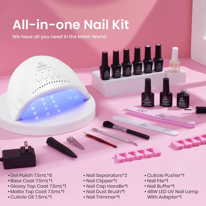 Beetles Gel Nail Polish Kit with Uv Light - 6 Colors Nude Gray Pink Gel Polish Starter Kit Manicure with Base Top Coat Soak off Led Salon DIY at Home Gifts for Women