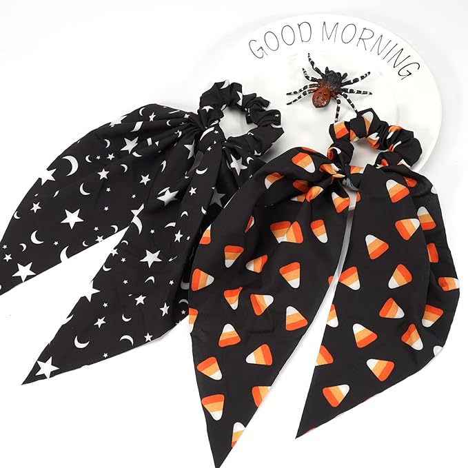 Halloween Hair Ties for Woman Girls Corn Candy Moon Star Hair Scrunchies Spooky Black Orange Elastic Ribbon Bow Hair Tie Halloween Party Supplies Hair Accessories 2PCS