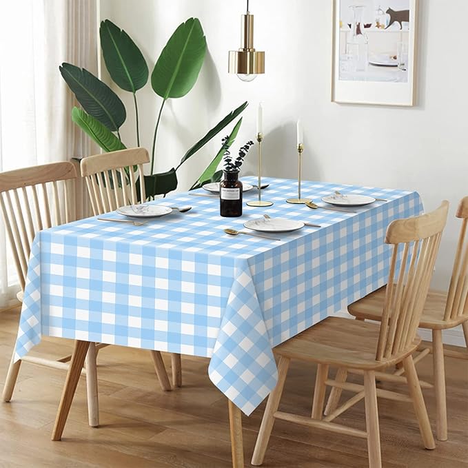 QIKSION Light Blue Gingham Tablecloth Disposable 6 Pack, 54 x 108 Inch Blue and White Checkered Table Cloth for Baby Shower, Easter Decorations, Birthday Party, Rectangle, Plastic Table Cover
