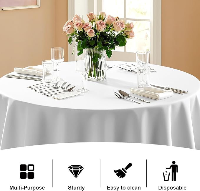 12 Pack Premium White Plastic Table Cloth -120 Inch Round Tablecloth, Disposable Tablecloth Plastic Table Cover for Parties (12, White, 120" Round)