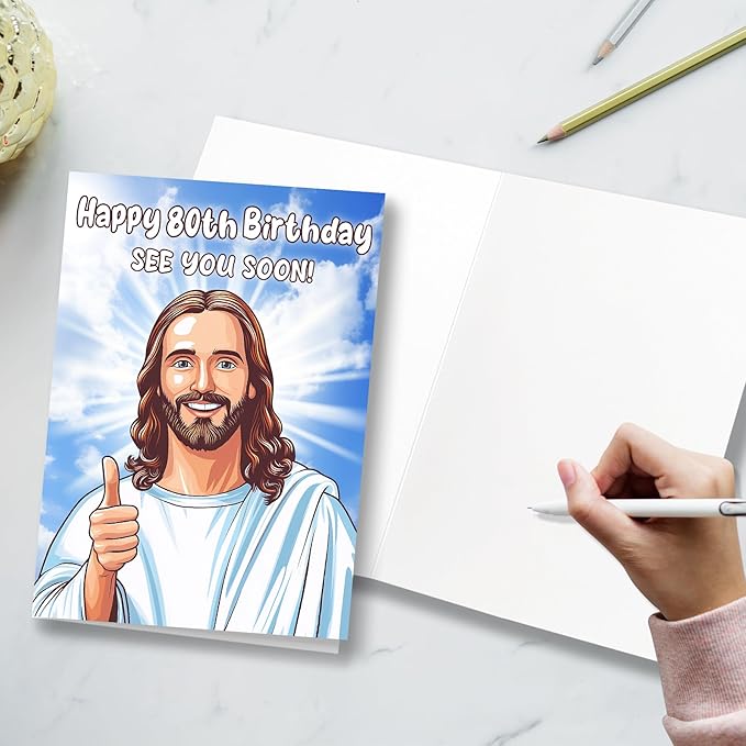 Happy 80th Birthday Funny Jesus Card – Hilarious Dark Humor Greeting for Elderly Men or Women, Funny 80th Birthday Cards for Women or Men