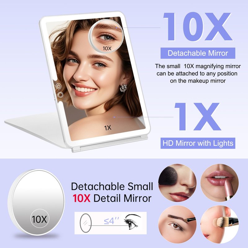 FUNTOUCH Large Rechargeable Travel Makeup Mirror with Light, 2500mAh Portable Makeup Mirror with 10X Magnifying Mirror 3 Lighting Modes, Dimmable Touch, Tabletop Folding Travel Mirror with Storage Bag