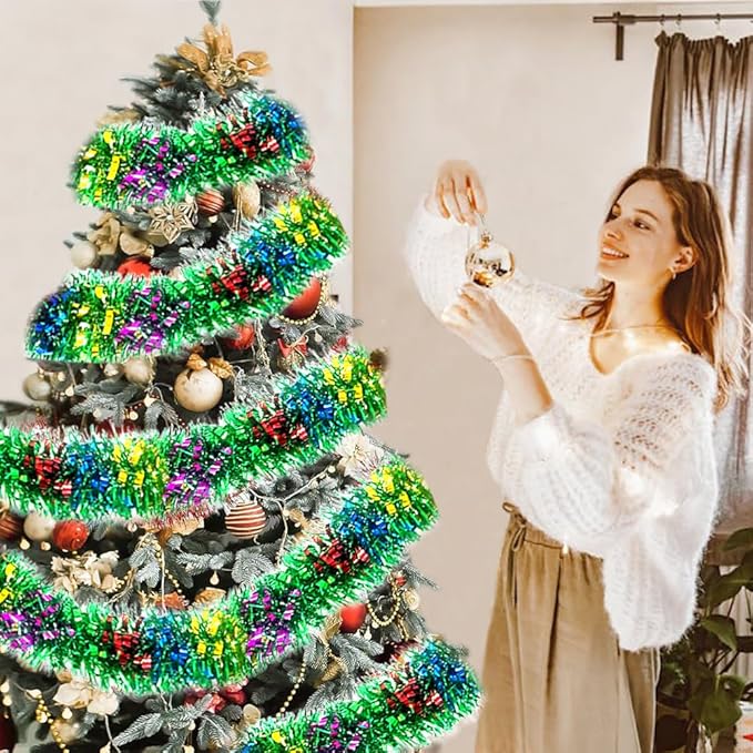 33Ft Green Tinsel Twist Garland Shiny Thick Metallic Foil Xmas Tree Decorations for Christmas New Year Parties St Patricks Day Parade Floats and Other Holidays Party Hanging Decor-(Colours+Green)