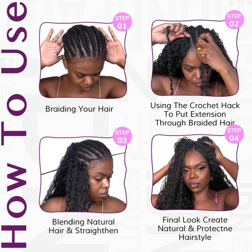 IDN Human Crochet Hair Knotless Pre Separated Bulk, 16 Inch 60g Feather Line Crochet Hair Braids, Deep Wave Natural Black Invisiable Knot Hair Extensions For Women Girl Kids