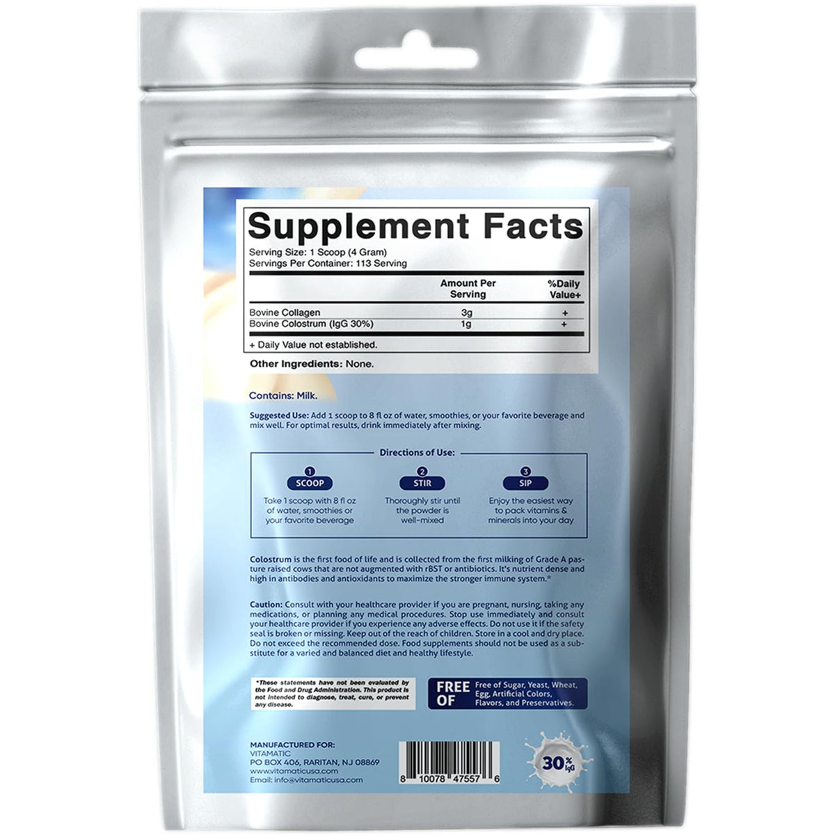 Vitamatic Bovine Colostrum + Collagen Powder - Supplement for Gut Health, Hair Growth, Beauty, Muscle Recovery, & Immune Support - Easy to Mix - Unflavored - 454 Gram, (16 oz)