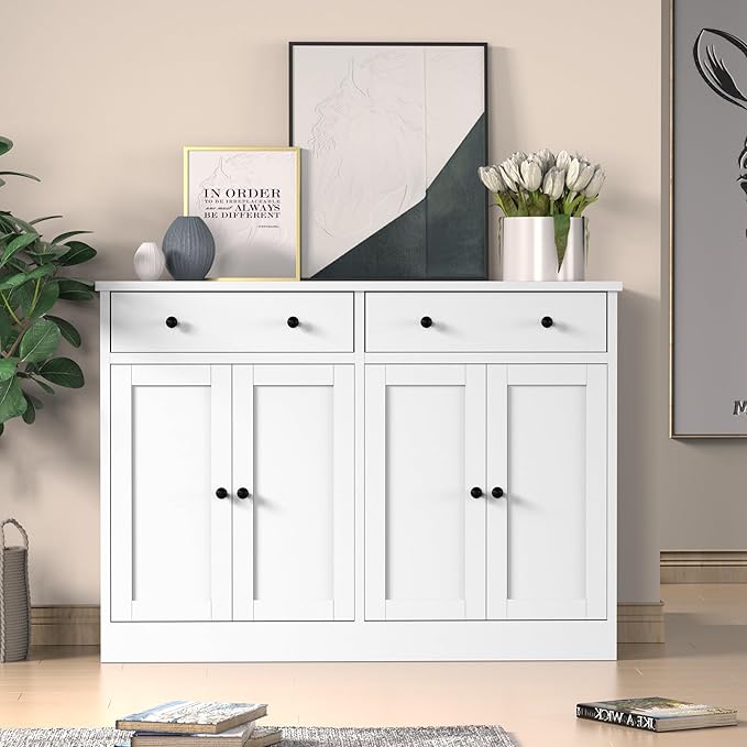 49" White Buffet Cabinet with Doors & Drawers, Modern Kitchen Storage Sideboard, Coffee Bar Console for Dining Room, Living Room, Entryway