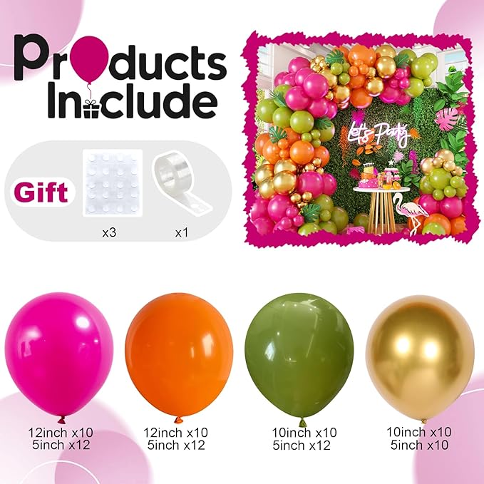 Tropical Hawaiian Balloons Arch Garland Kit, Olive Green and Hot Pink Orange Gold Balloons for Kids Hawaii Summer Beach Luau Aloha Pool Birthday Flamingo Baby Shower Party Decorations Supplies