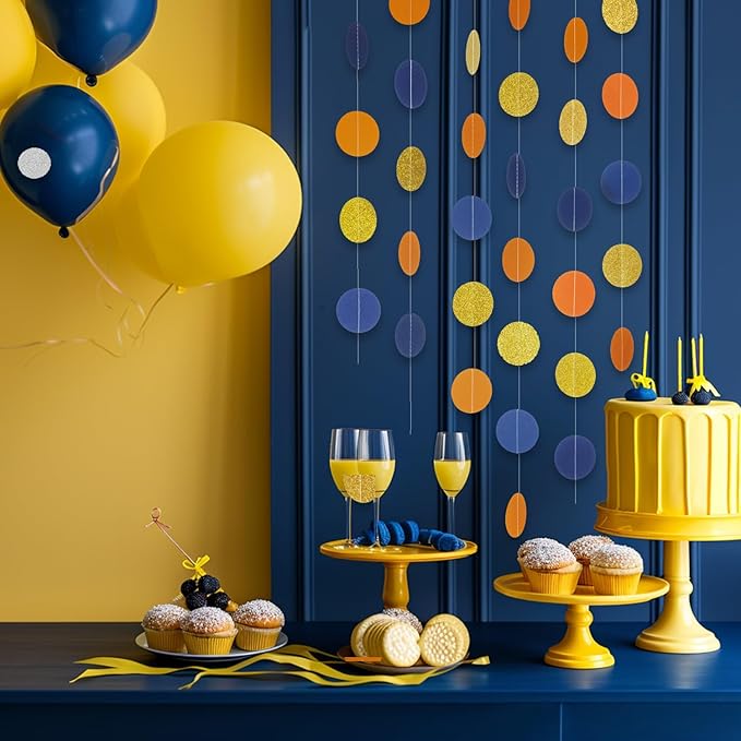 Circle String Decorations Paper Garlands Party Streamers, 30 Feet (Gold Glitter, Orange, Blue)