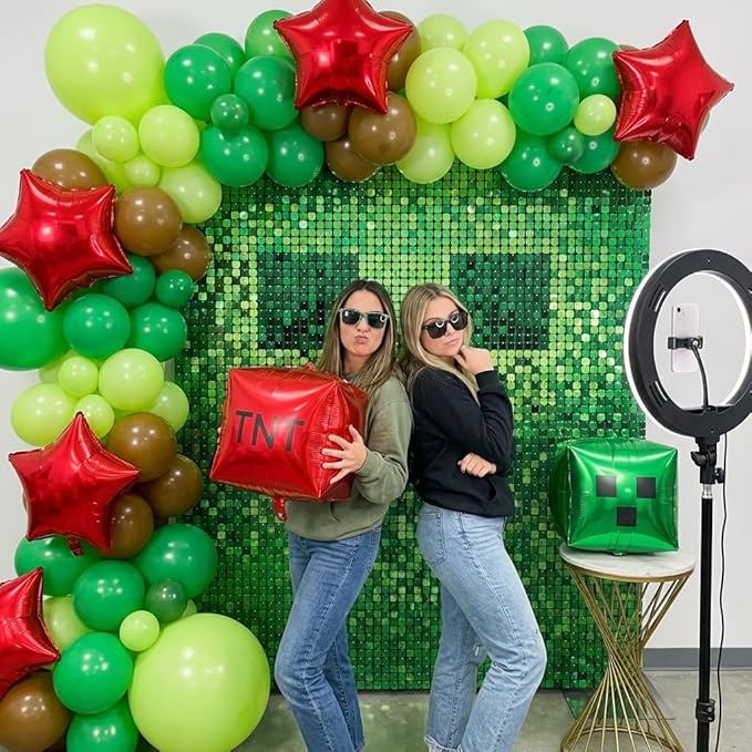 130Pcs Green Balloon Arch Garland Kit with Lime Green Brown Square Star Foil Balloons for Gaming Theme Party Decor, Birthday Party Supplies, Kids' Party Crafts and Decorations