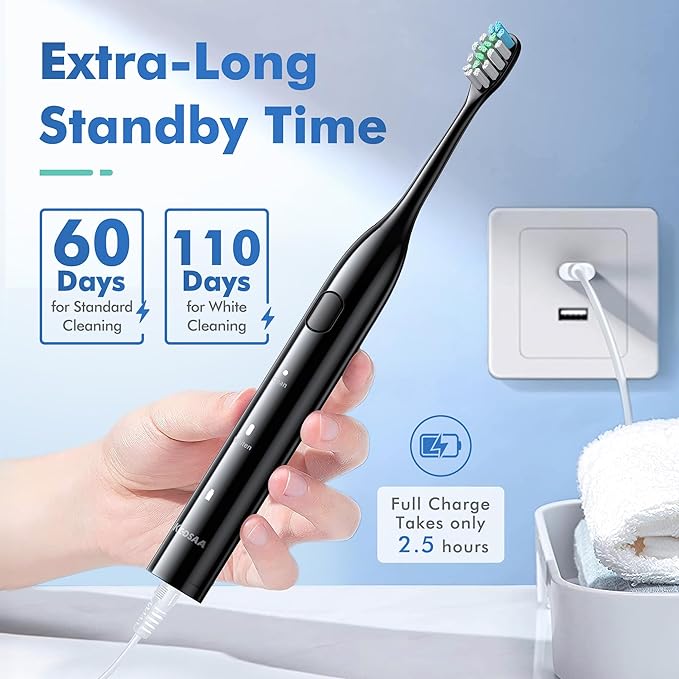 Electric Toothbrush with 8 Brush Heads, Sonic Electric Toothbrush with Fast Charge 4 Hours Last 60 Days, 2-Min & 30s Smart Timer, IPX7 Waterproof (Black)