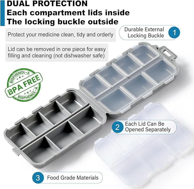 14 GRIDS Travel Pill Organizer Box with Labels - Travel Medicine Case Kit - Pocket Daily Pharmacy Container - Travel Medication Holder Dispenser for Fish Oil Vitamin Supplement Storage - Grey