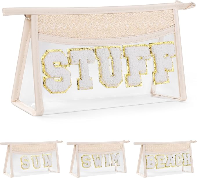 Etercycle Boho Straw STUFF Bag, Clear Waterproof Beach Bag Small Zipper Makeup Bag, Chenille Letter Patch Cosmetic Bag Holiday Vacation Summer Beach Gifts for Summer Travel