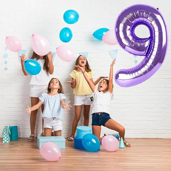 Purple Number Balloons, 40 Inch Purple Balloon 9.9 Helium Balloon 9th Birthday for 9 Years Birthday Decoration Children Girls Boys