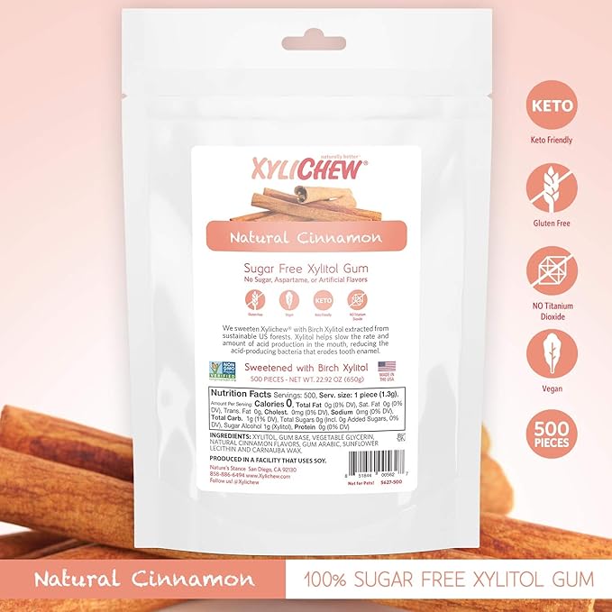 Xylichew 100% Xylitol Chewing Gum - Non GMO, Non Aspartame, Gluten Free, and Sugar Free Gum - Natural Oral Care, Relieves Bad Breath and Dry Mouth - Cinnamon, 500 Count