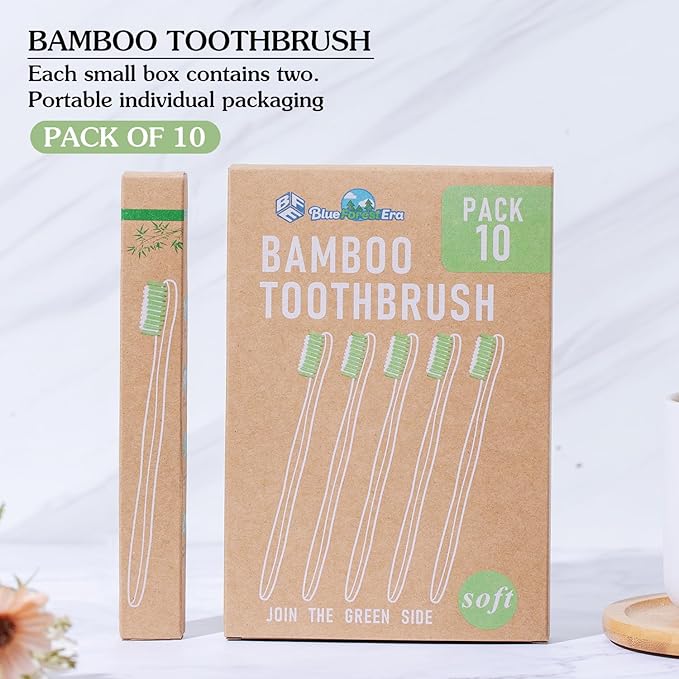 Bamboo Toothbrushes 10 Count Set, BPA Free Soft PBT Bristles, Natural Eco-Friendly Wooden Toothbrush, Organic Biodegradable Travel Tooth Brush for Adults