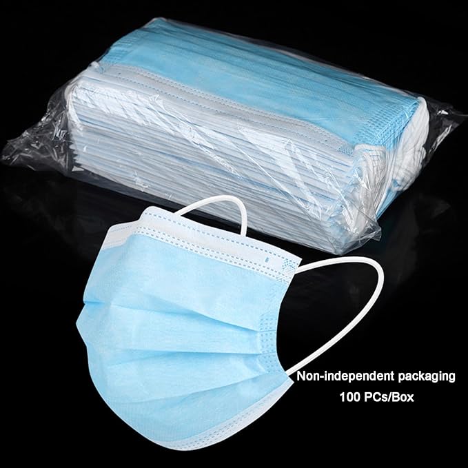 Disposable Face Masks, 3-Ply Breathable Dust Protection for Daily Use, Comfortable Elastic Earloops, Blue, 100-Pack