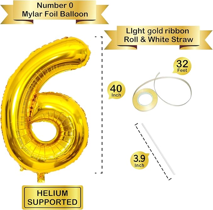 Gold Number Balloons Birthday Balloons - Giant Gold Number 6 Balloon 40 inch, Numbers Balloon Birthday Decorations, Gold Party Supplies for Women Men