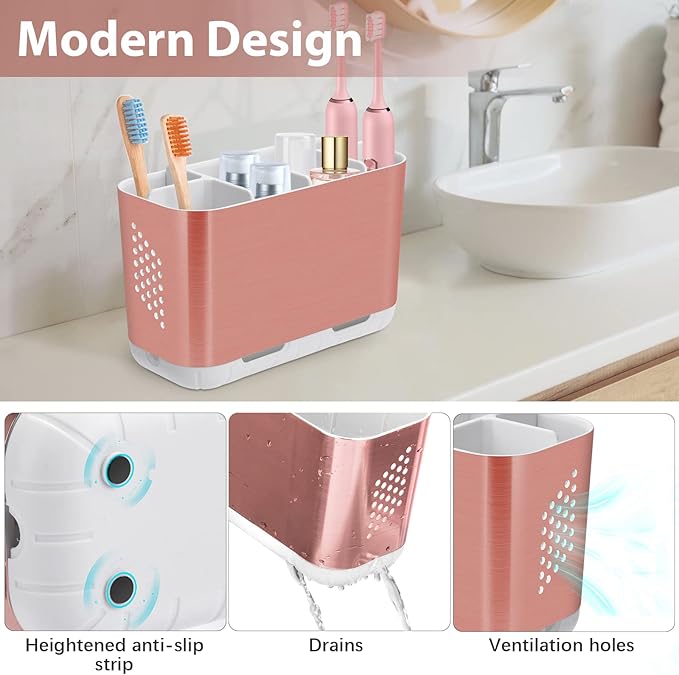 Boperzi Toothbrush Holders for Bathrooms Countertop, Electric Tooth Brush Holder with Adjustable Dividers, Detachable Anti-Slip Large Toothpaste Caddy Organizer Storage for Shower, Family, Kids, Pink