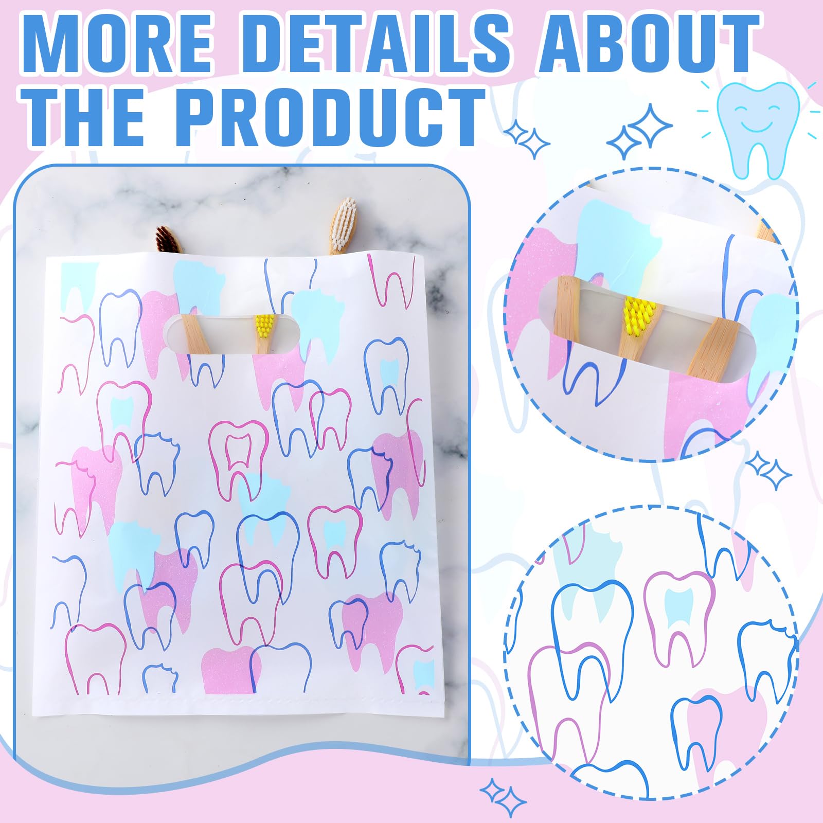 Aliceset 300 Pcs Tooth Merchandise Bags with Handles Plastic Dental Bags for Patients Dental Gifts Bulk for Dentist Office Goodie Packaging Appreciation Gifts Retail Party Favor, 8.27x9.45in (Stylish)