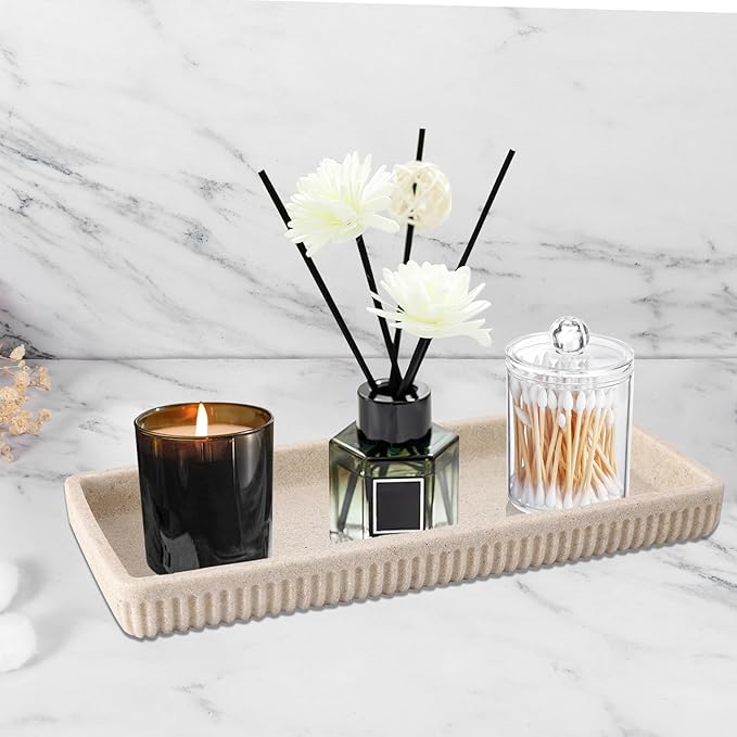 Resin Beige Bathroom Accessories Set 5 Pcs, Lotion Soap Dispenser, Toothbrush Holder, Bathroom Tumbler, Qtip Holder and Vanity Tray, Bathroom Countertop Organizer Set for Modern Home Apartment