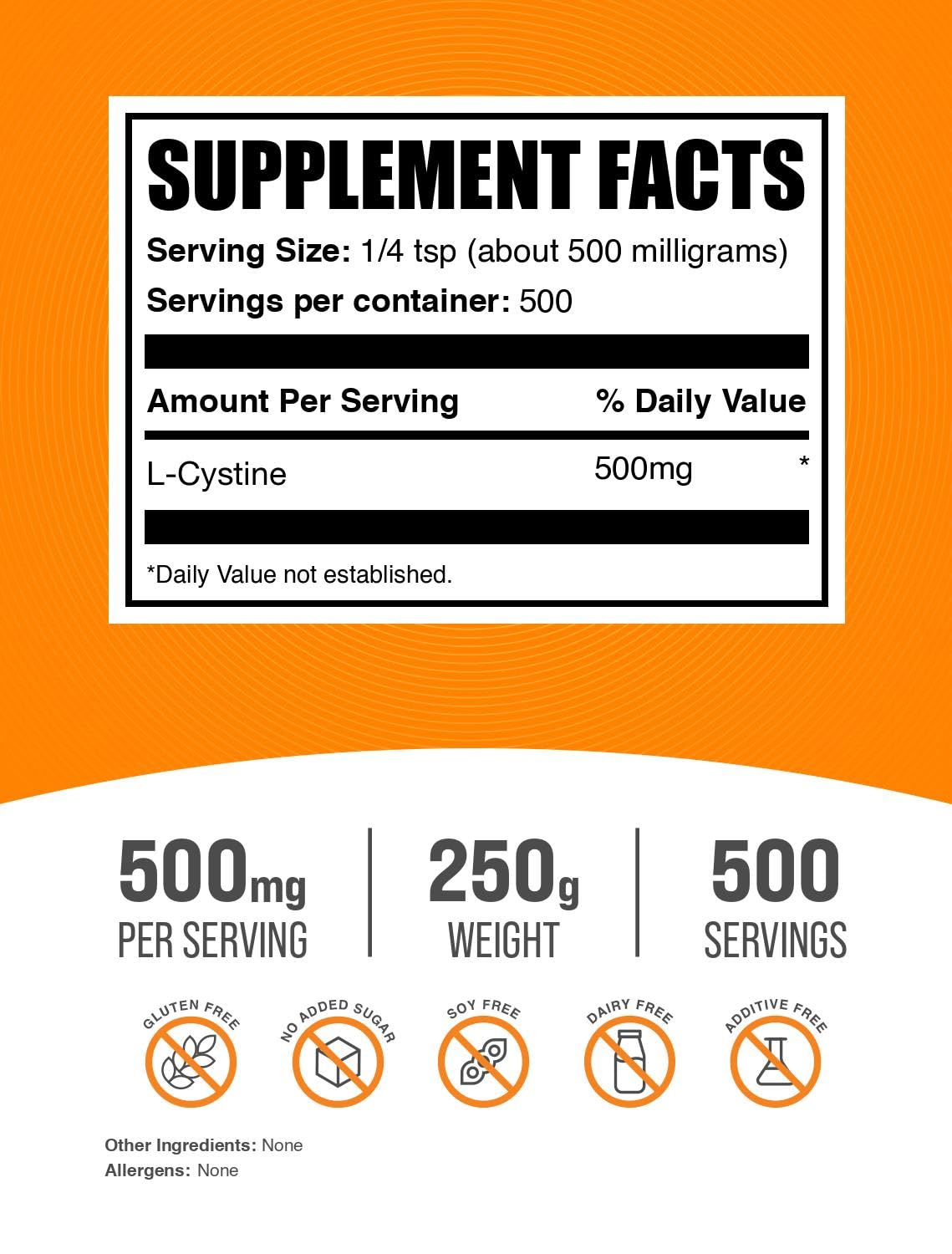 BulkSupplements.com L-Cystine Powder - L-Cystine 500mg, L-Cystine Supplement, Amino Acid Supplement - for Immune Support, Gluten Free, 500mg per Serving, 250g (8.8 oz) (Pack of 1)