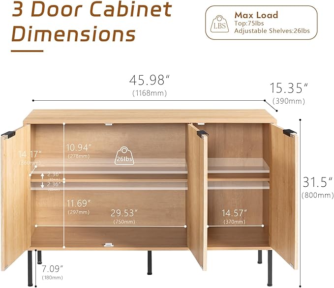 Buffet Sideboard Cabinet with Storage,45.98" Fluted Entryway Cabinet with 3 Doors and Shelves for Living Room,Hallyway