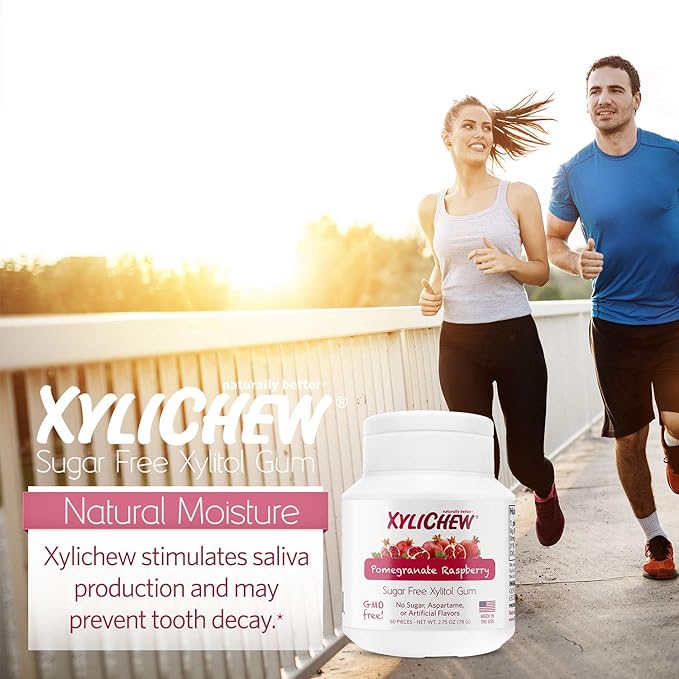 Xylichew 100% Xylitol Chewing Gum - Non GMO, Non Aspartame, Gluten Free, and Sugar Free Gum - Natural Oral Care, Relieves Bad Breath and Dry Mouth - Pomegranate Raspberry, 60 Count