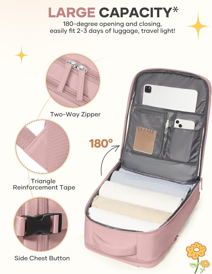 coofay Personal Item Travel Backpack for Women Airline Approved Carry on Backpack Flight Approved Waterproof Sports Luggage Backpack Casual Daypack Small Hiking Backpack Pink Backpack