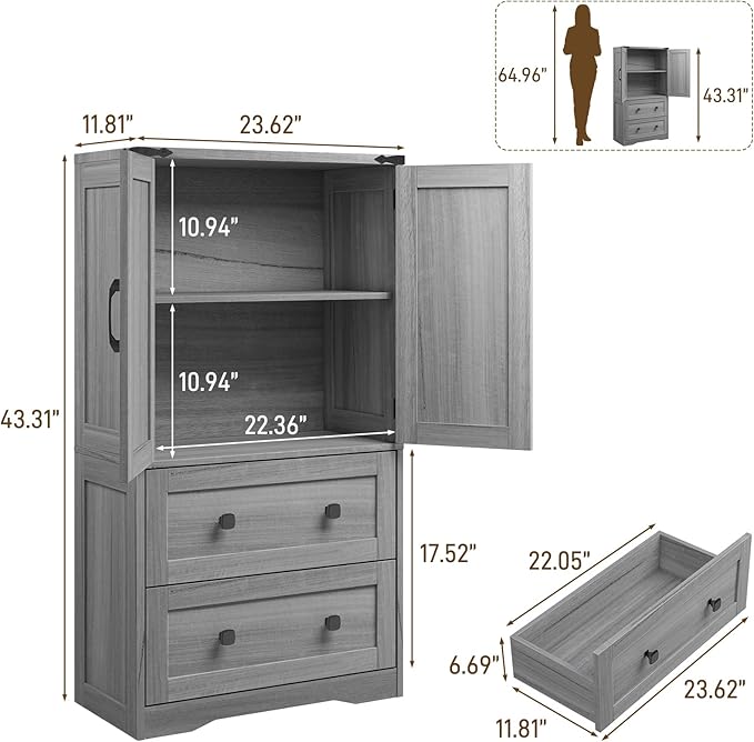 Farmhouse Bathroom Storage Cabinet with 2 Big Drawers and Barn Doors, Kitchen Pantry, Freestanding Storage Cabinet with Adjustable Shelves for Bathroom, Living Room, Kitchen (Wash Grey).
