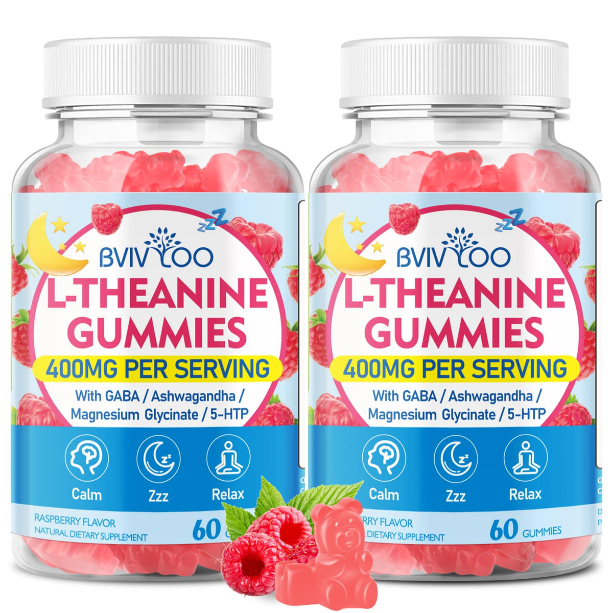 BVIVLOO L-Theanine Gummies with L-Theanine 400 mg, Ashwagandha, GABA, 5-HTP, Magnesium Glycinate for Calm, ZZZ & Relaxation Support - Vegan, Raspberry Flavor, 120 Count