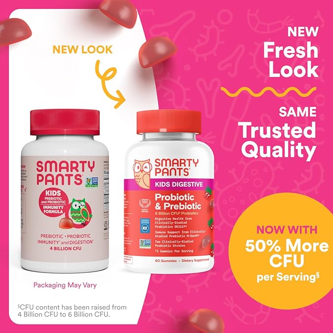SmartyPants Kids Probiotic & Prebiotic Gummies for Digestive Health: Gut Health Supplement, Clinically Studied Prebiotic for Immune Support, Strawberry, 60 Count (30 Day Supply)