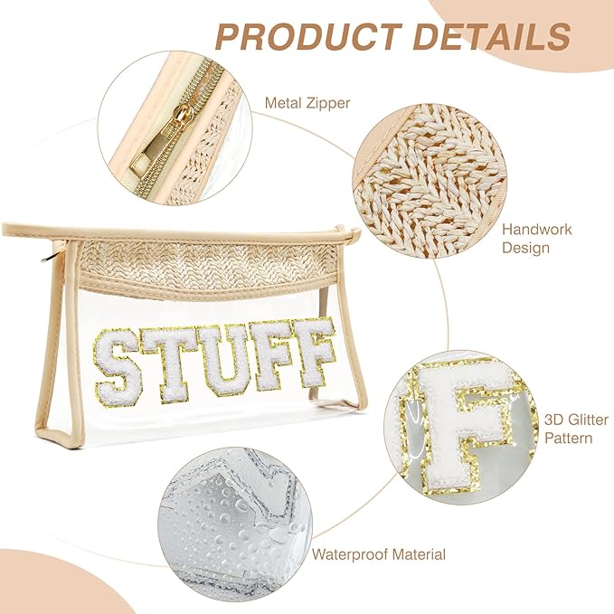 Boho Hand-woven Makeup Bag, Chenille Letter Patch Clear Travel Pouch, Rattan Straw Bag Clear Cosmetic Sunscreen Bags, Women Summer Retro Travel Beach Bag Beach Essentials (Boho_Beige-Stuff)