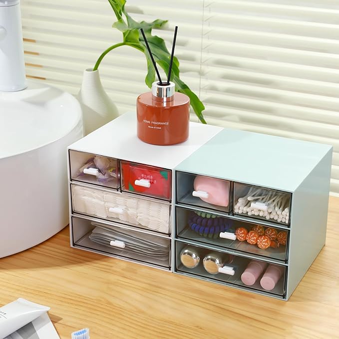 Makeup Organizer with 4 Drawers, Desk Organizer, Cosmetics Storage Box for nail polish, Lipstick, Brushes, Jewelry, Skincare, Bathroom Organization Boxes - Blue