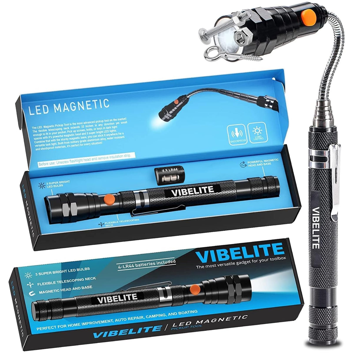 VIBELITE Extendable Magnetic Flashlight with Telescoping Magnet Pickup Tool-Fathers Day Dad Gifts for Husband, Dad, Men, Women, Him, Mechanic, Birthday Gifts for Men, Cool Gadget, Black