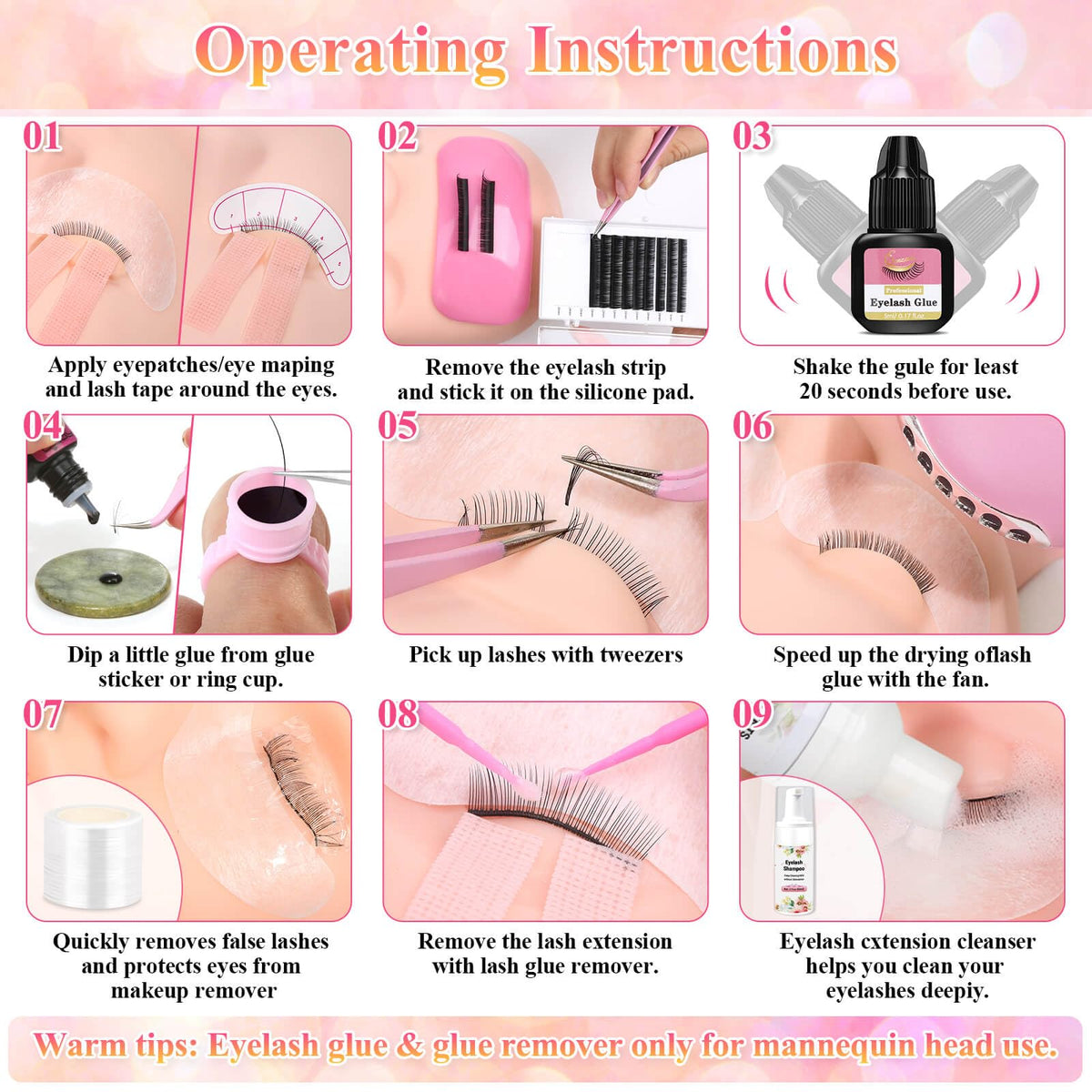Tetutor Lash Kits Extensions Kit for Beginners, Eyelash Lash Extension Kit for Beginners with Lash Mannequin Head, Lash Extension Practice Kit Starter Kit with Everything USB Fan, Lash Glue, Shampoo