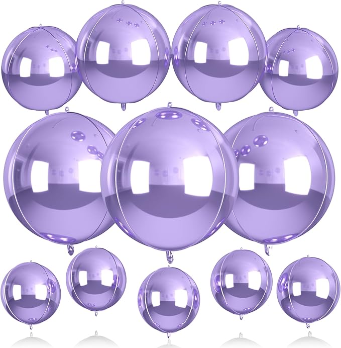 12Pcs Light Purple Round Balloons Foil, 22" 18" 15" 10" 4D Sphere Ball Balloon, Big Metallic Purple Foil Balloons for Wedding Anniversary Graduations Birthday Party Bridal Shower Decorations Supplies