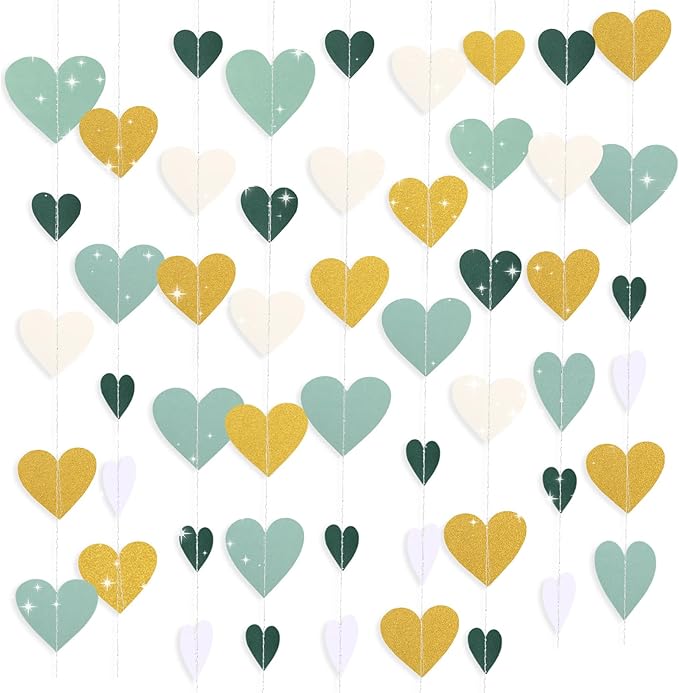 10 Pack 130ft Sage-Green Mint Beige-Gold Heart Party Garland Asymmetrical Love Hanging Banners for Birthday Wedding Decoration Bridal Shower Engagement Party