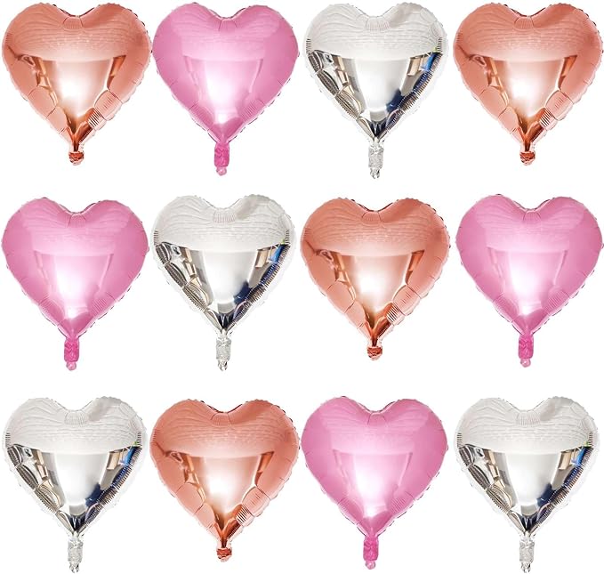 Lovoir 12 Pcs Pink Heart Shape Foil Mylar Balloons 18 Inch Love Balloons for Valentine's Day Birthday Party Decorations Wedding Engagement Romantic Decor (Rose Gold & Pearl Pink & Silver)