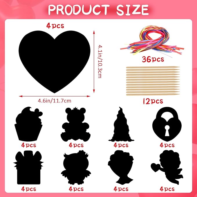 JULMELON Valentine Crafts for Kids, 36 Pack Heart Shape Scratch Art Paper Crafts Kit Magic Rainbow Scratch Cards Hang Tags Goody Bag Stuffers Valentines Day Gifts for Kids