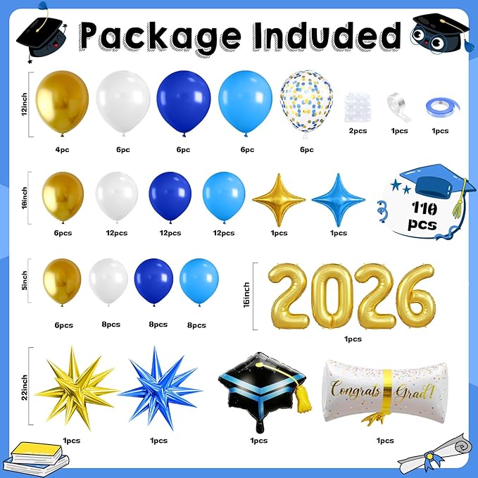 Blue and Gold Graduation Balloon Arch Kit 2026 Graduation Decorations, Gold Number 2026 Balloons with Explosion Star Diploma Grad Cap Foil Balloon for College High School Class of 2026 Graduate Party