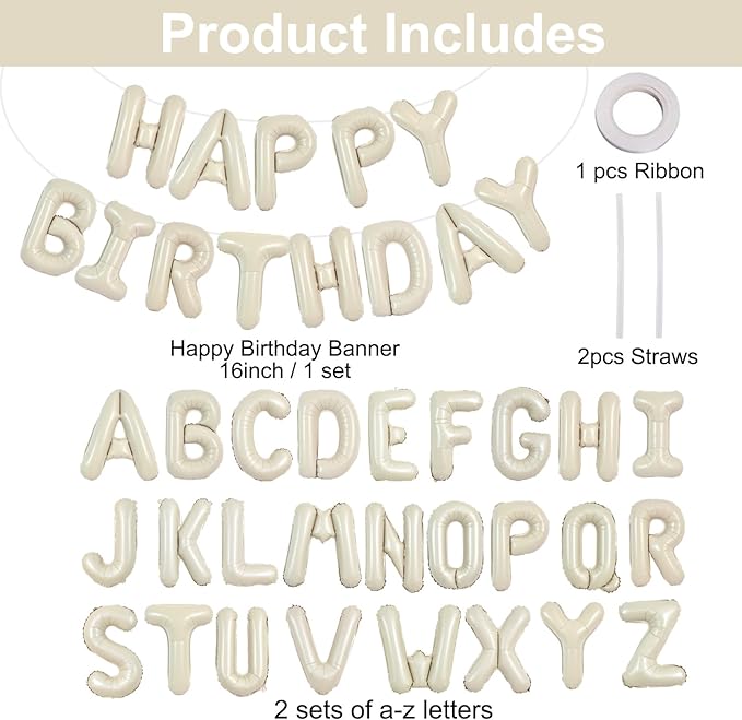 TONIFUL 65 Pcs Personalized Name Letter A-Z Balloons 16 Inch Cream White Happy Birthday Balloon and 2 Sets A-Z Foil Letter Balloons Create Your Own Name Banner for Birthday Celebration Party Decor