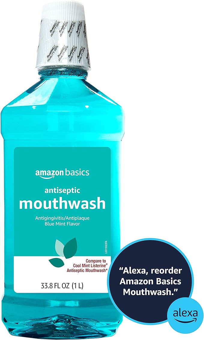 Amazon Basics Antiseptic Mouthwash, Blue Mint, 1 Liter, 33.8 Fluid Ounces, 1-Pack (Previously Solimo)